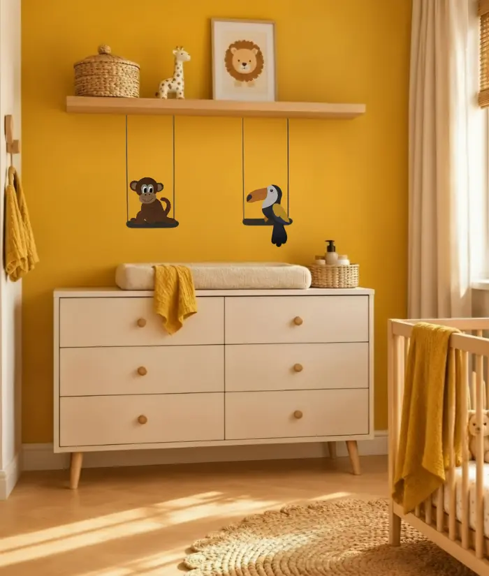 Okergele babykamer met jungledieren